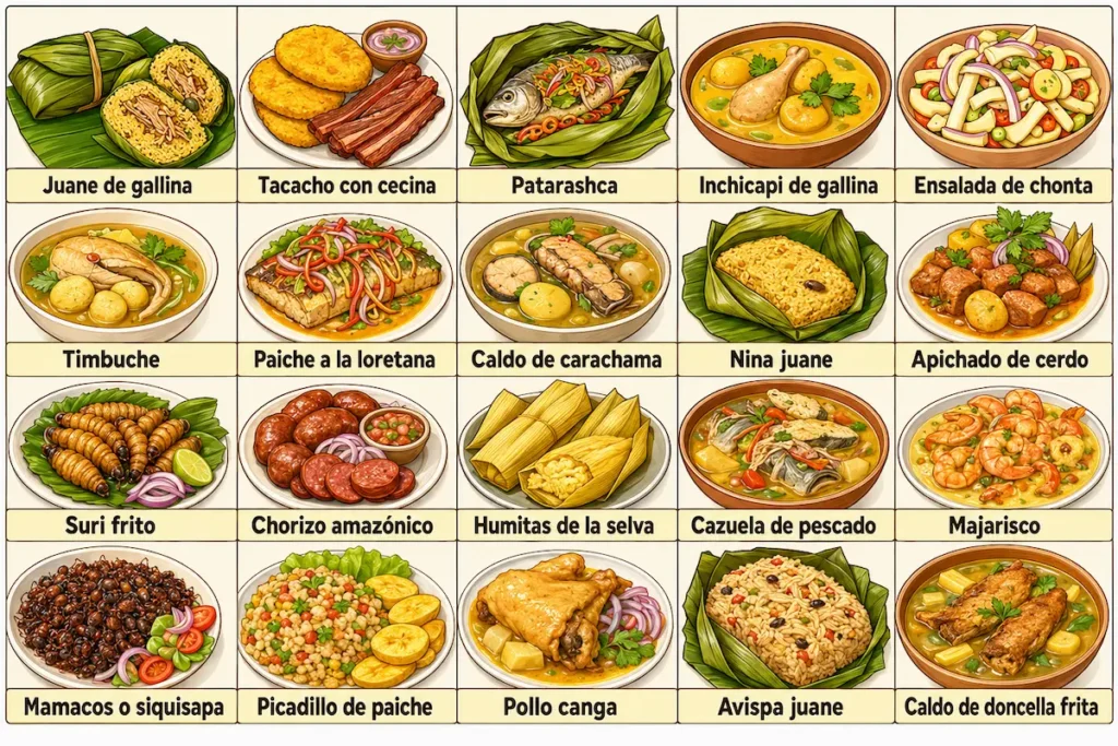 Platos típicos de la selva peruana animados con sus nombres