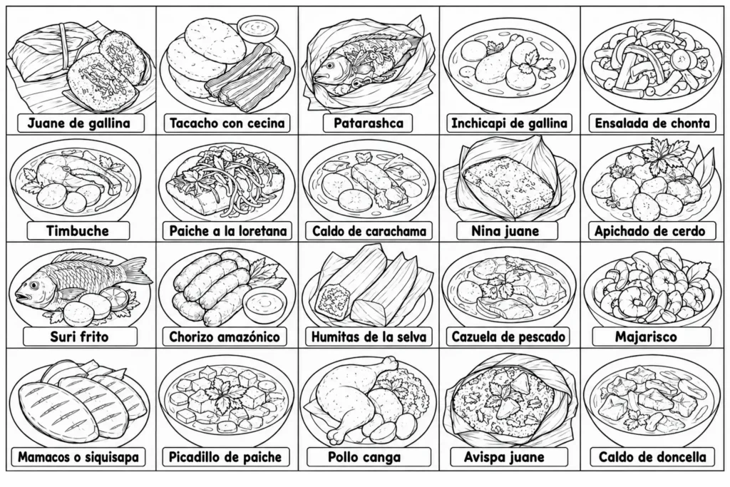 Platos típicos de la selva peruana con sus nombres para colorear