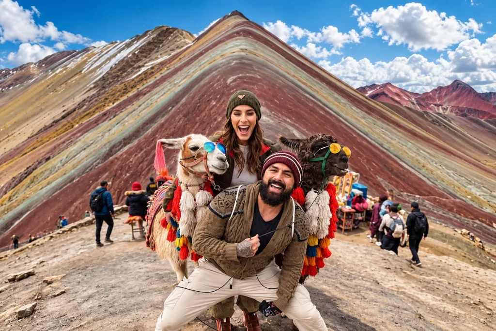 Pareja de viajeros con llamas frente a la Montaña de 7 Colores Vinicunca